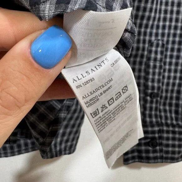 All Saints Murdo Long Sleeve Shirt M Grey Plaid Checkered Button Office Work - Picture 5 of 10